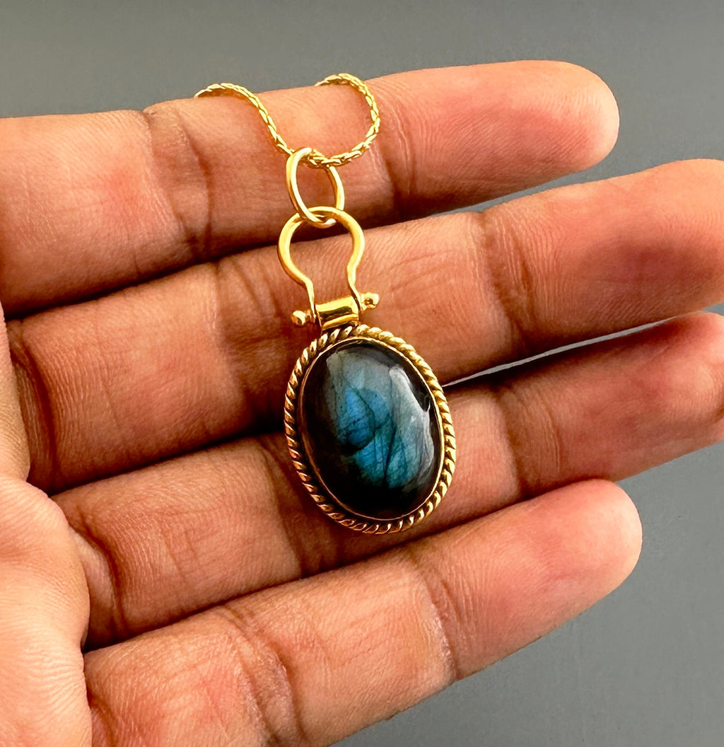 Labradorite Crystal Pendant, 18K Gold Micron plated, Birthday Gift, Gemstone Necklace, Aura Protection Jewelry