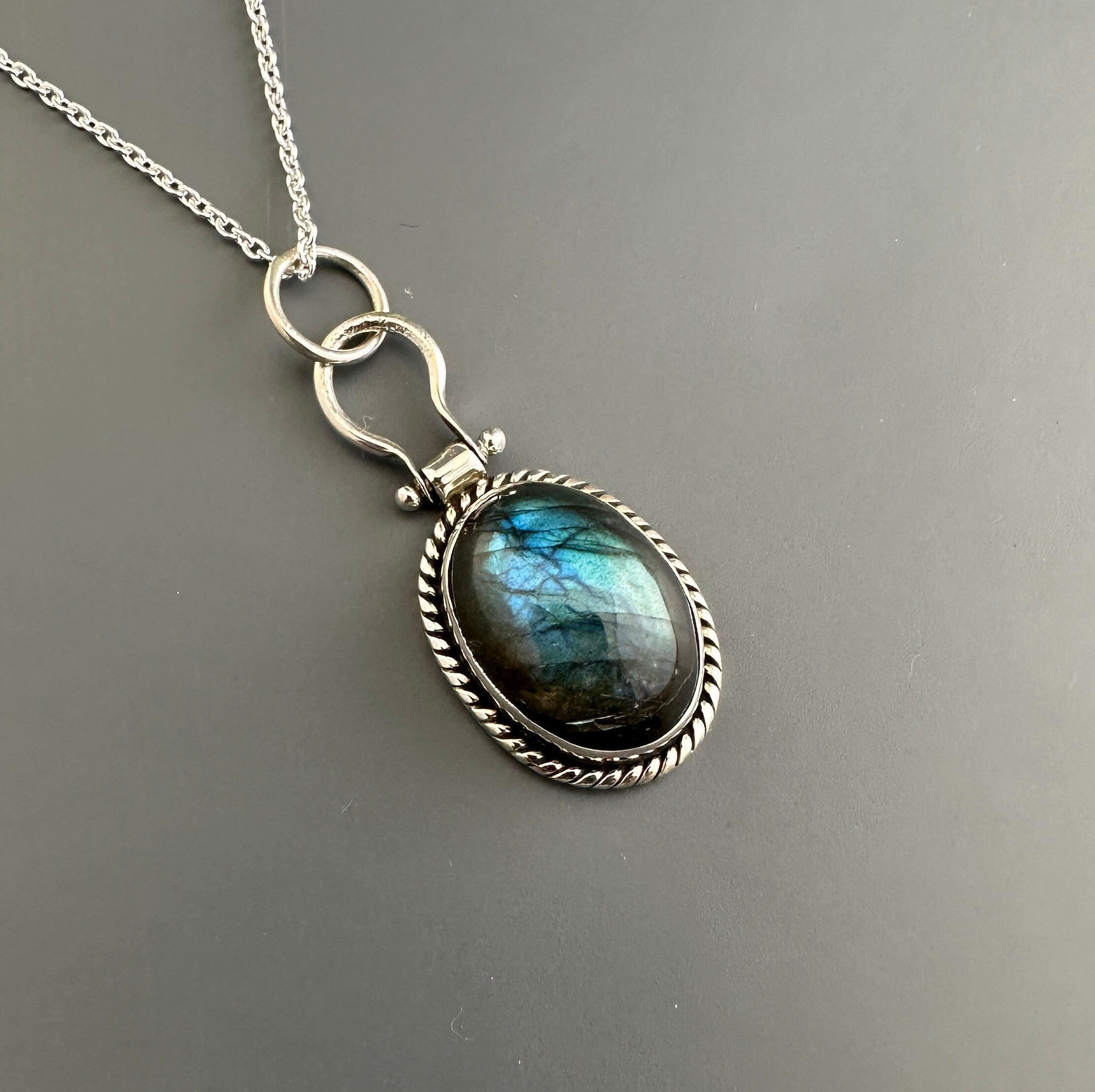 Flash Blue Labradorite Pendant: Oval Sterling Silver Necklace