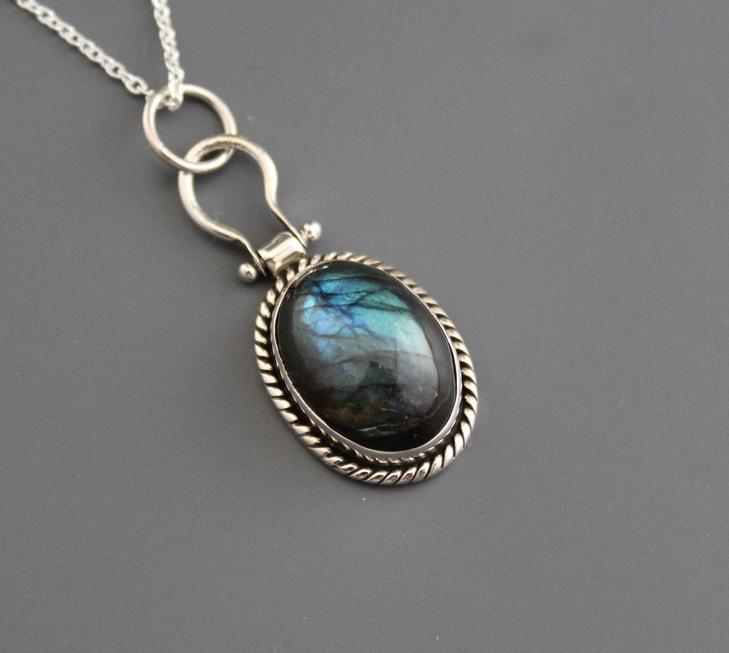 Dark Blue Labradorite Necklace, Gemstone Statement Necklace, Dainty Layering Necklace, Sterling Silver Large Gemstone Pendant, Gift for Mom
