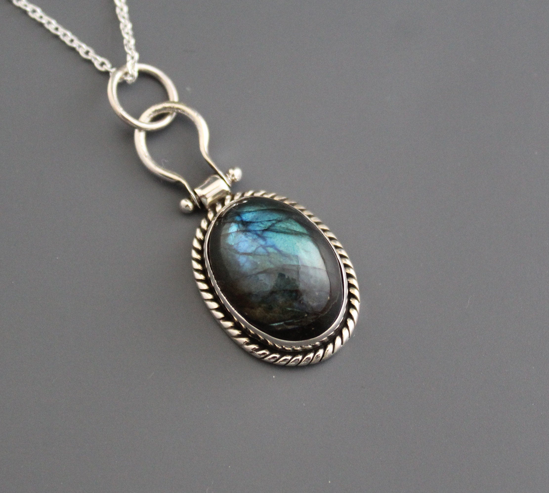Dark Blue Labradorite Necklace, Gemstone Statement Necklace, Dainty Layering Necklace, Sterling Silver Large Gemstone Pendant, Gift for Mom