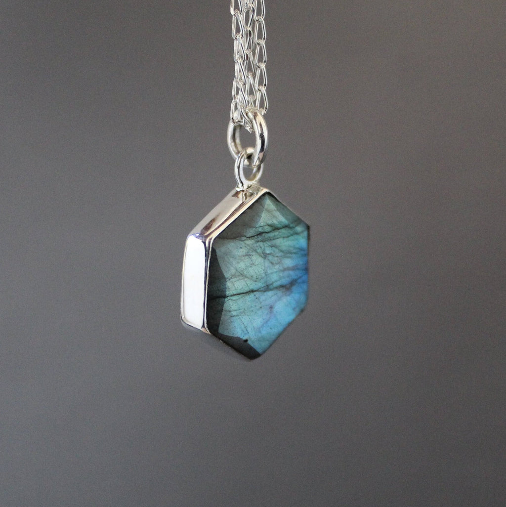 Labradorite Sterling Silver Necklace: Hexagon Gemstone Pendant