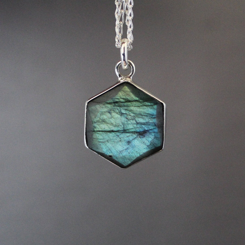 Labradorite Sterling Silver Necklace: Hexagon Gemstone Pendant