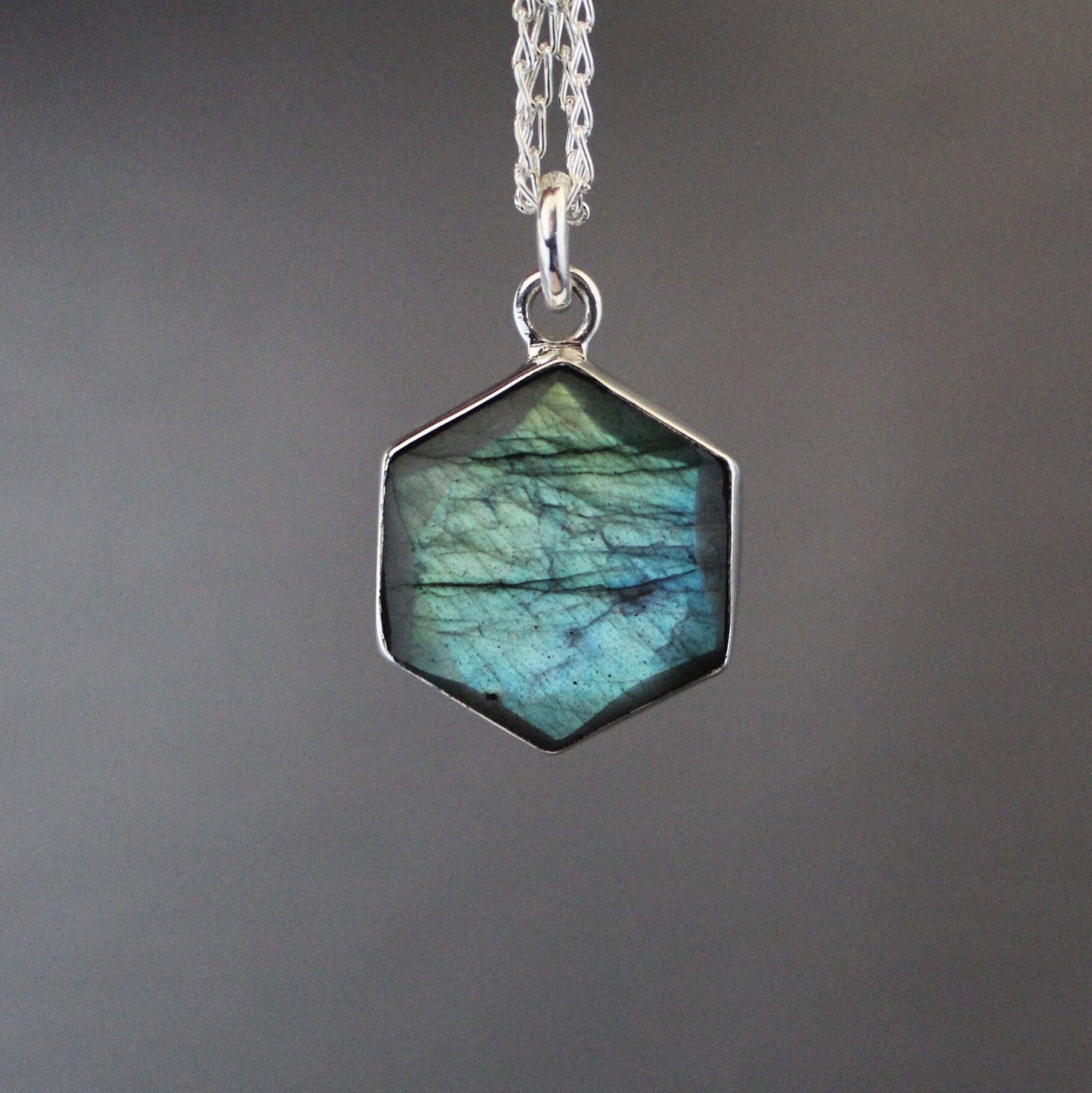 Labradorite Sterling Silver Necklace: Hexagon Gemstone Pendant