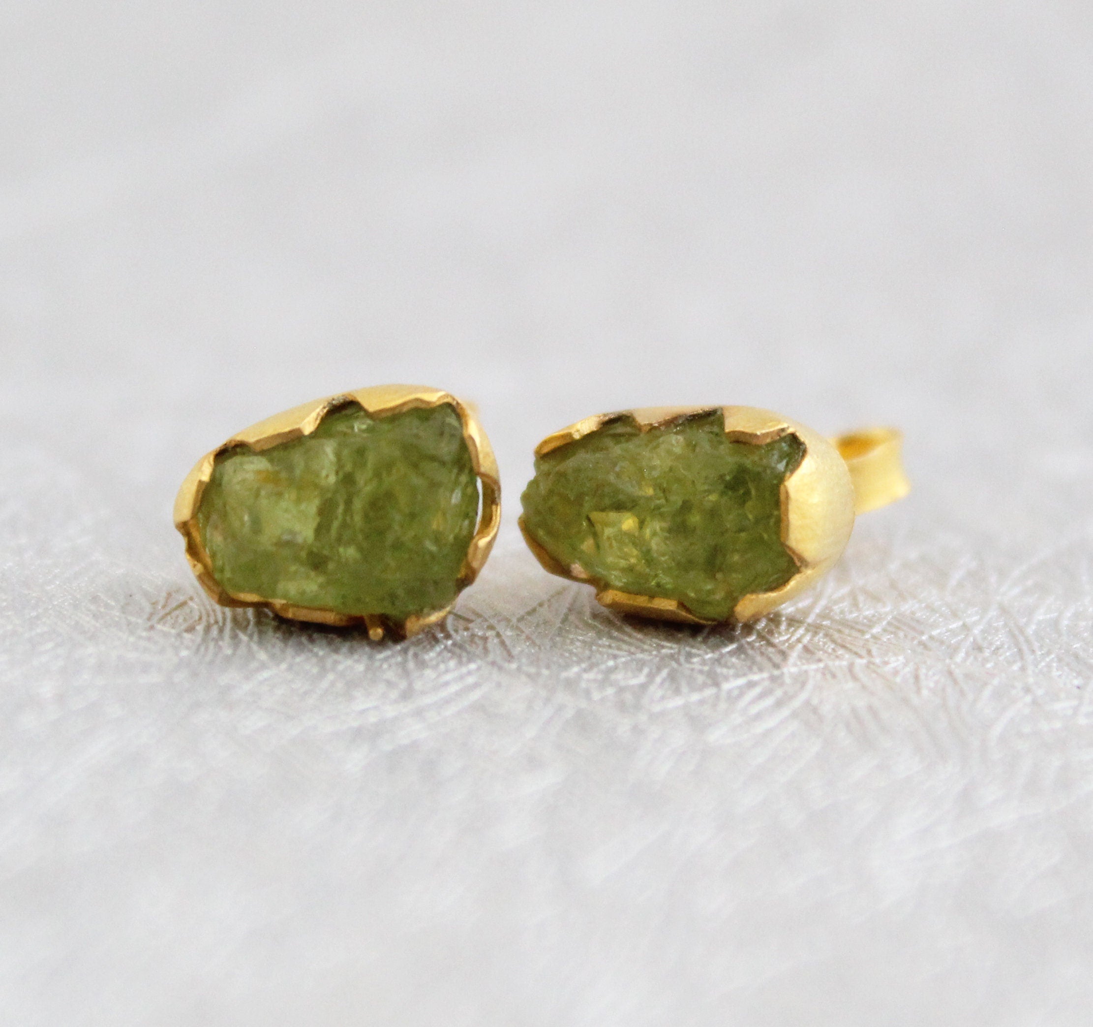 Raw Peridot Stud Earrings, Gold Plated Sterling Silver, August Birthstone, gemstone jewelry, natural gemstone, post earring, stud earrings