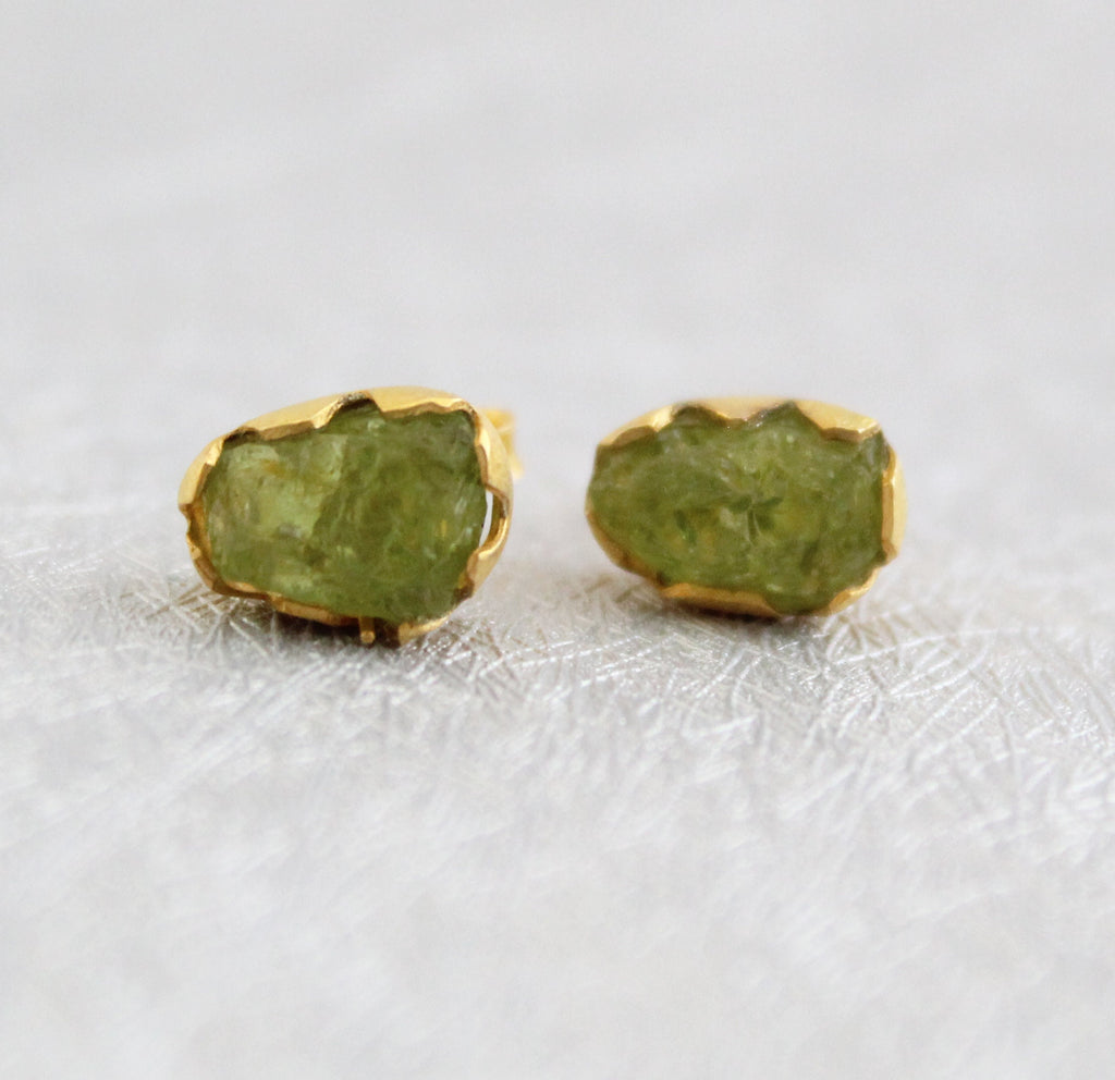 Raw Peridot Stud Earrings, Gold Plated Sterling Silver, August Birthstone, gemstone jewelry, natural gemstone, post earring, stud earrings
