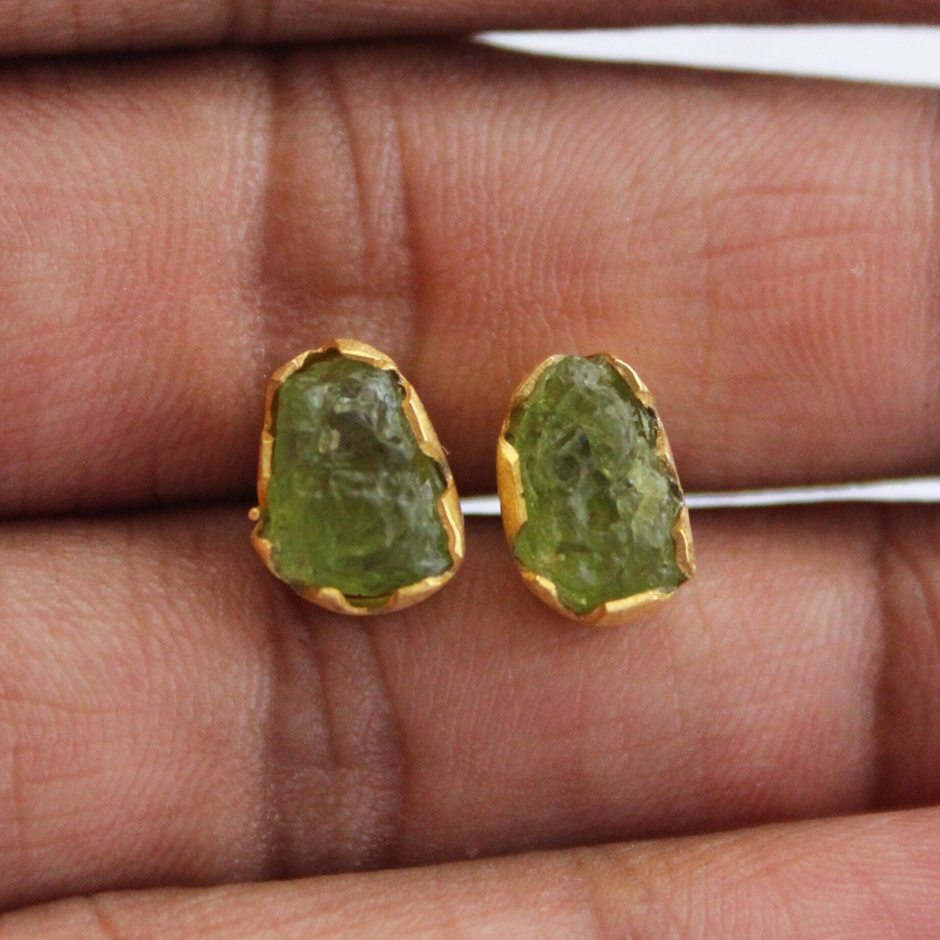 Raw Peridot Stud Earrings, Gold Plated Sterling Silver, August Birthstone, gemstone jewelry, natural gemstone, post earring, stud earrings