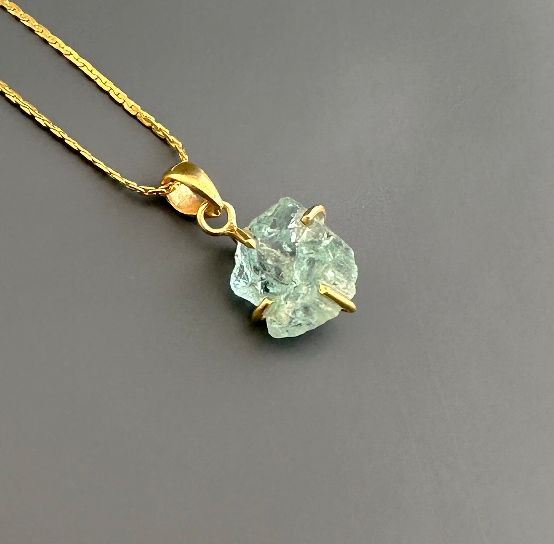 Raw Aquamarine Necklace: Dainty 925 Sterling Silver Pendant