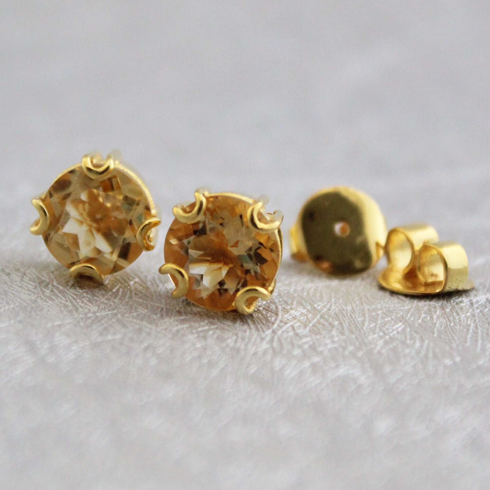 Handmade Citrine Stud Earrings, 18K Gold Sterling Silver Gemstone, Gemstone Stud Earrings , Birthstone Post Earrings