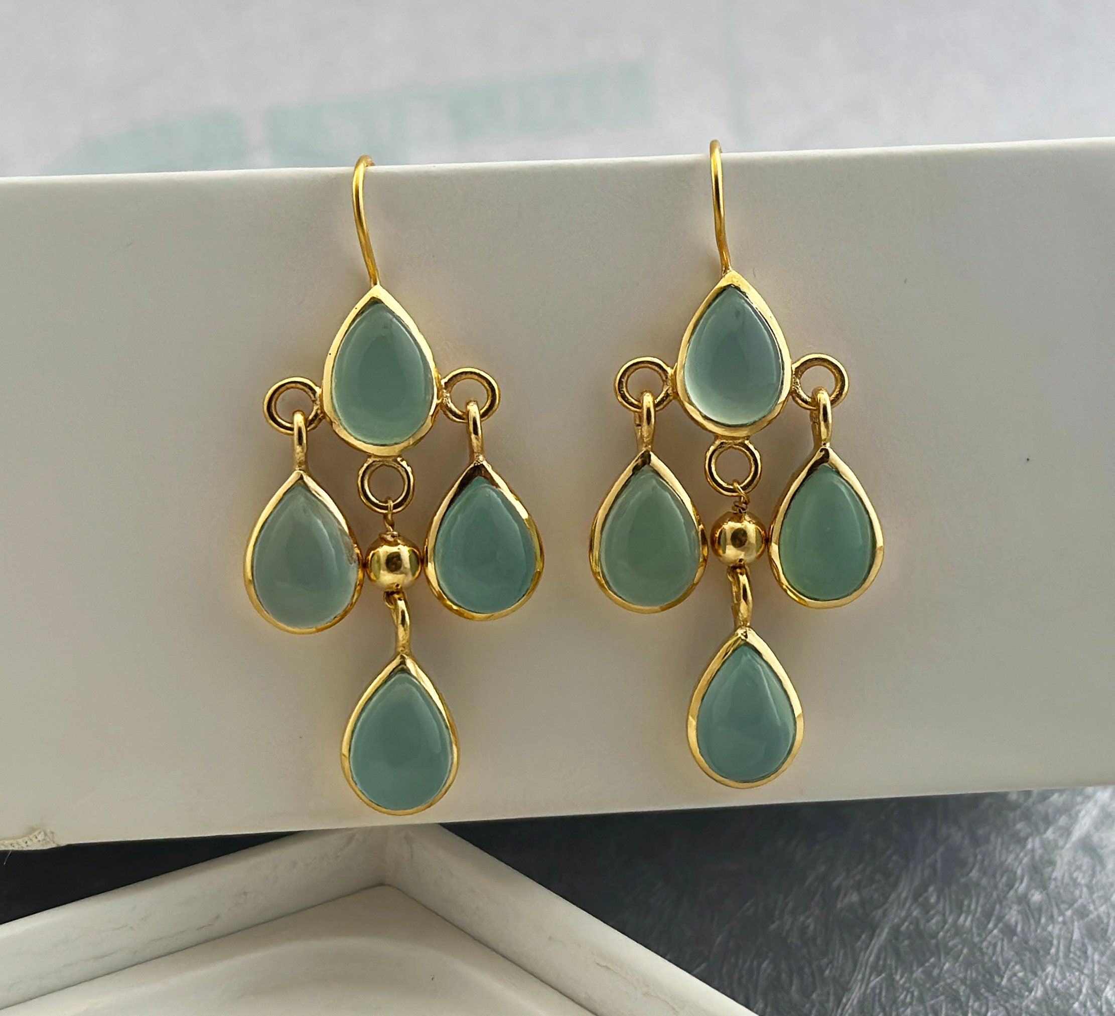 Chalcedony Earrings-Teardrop Earrings-Gemstone Earrings, 14k Gold Dangling Earrings-Sterling Silver Earrings-Chalcedony Earrings