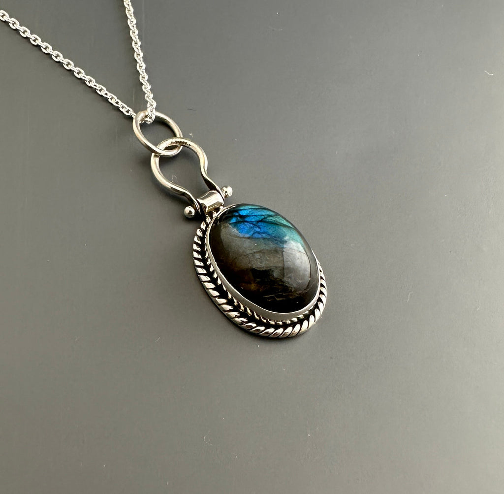 Dark Blue Labradorite Necklace, Gemstone Statement Necklace, Dainty Layering Necklace, Sterling Silver Large Gemstone Pendant, Gift for Mom