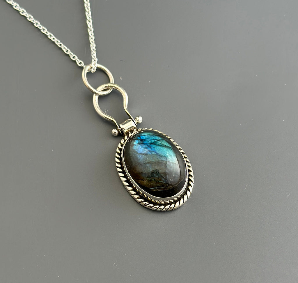 Dark Blue Labradorite Necklace, Gemstone Statement Necklace, Dainty Layering Necklace, Sterling Silver Large Gemstone Pendant, Gift for Mom