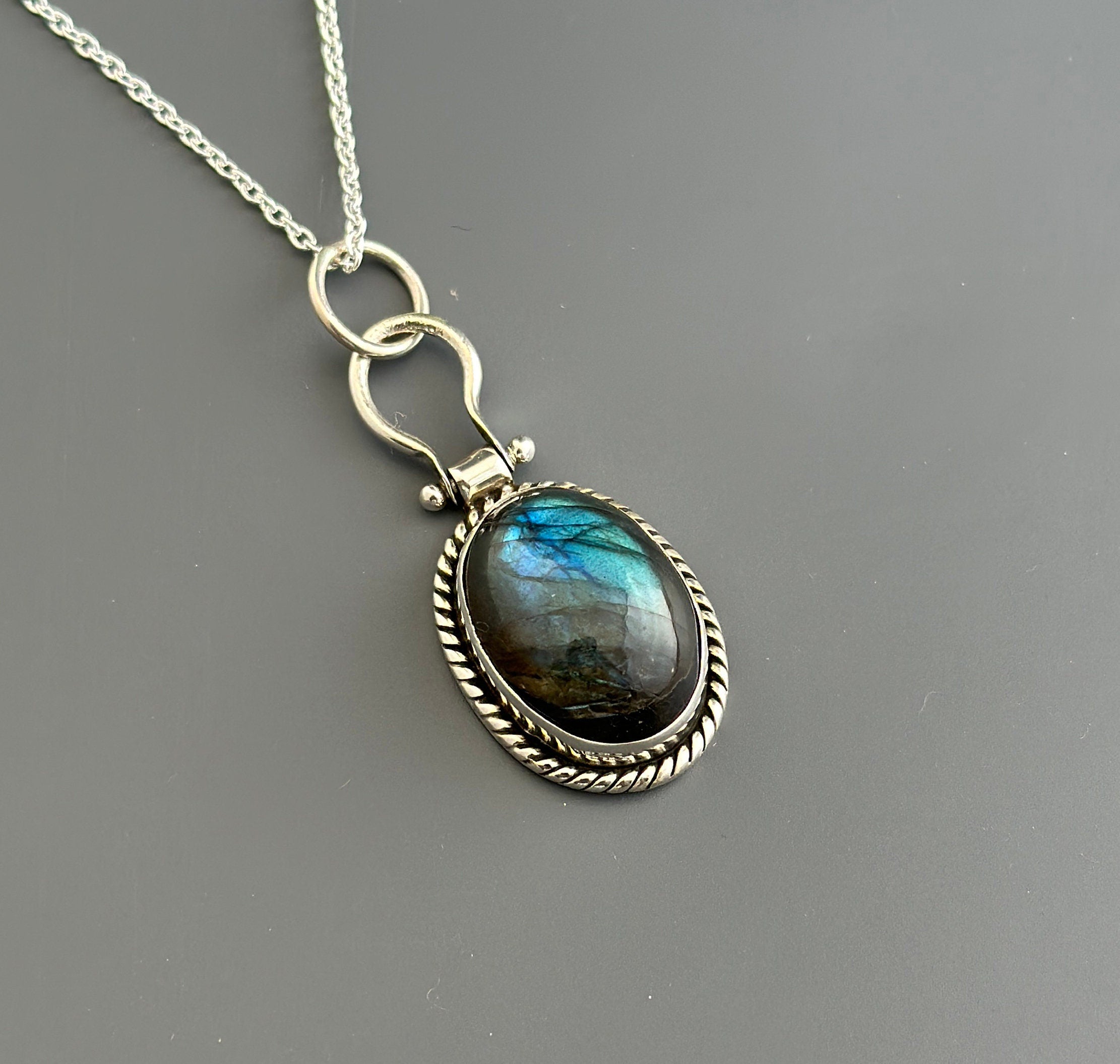 Dark Blue Labradorite Necklace, Gemstone Statement Necklace, Dainty Layering Necklace, Sterling Silver Large Gemstone Pendant, Gift for Mom