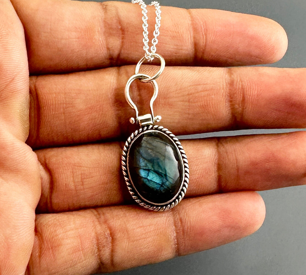 Dark Blue Labradorite Necklace, Gemstone Statement Necklace, Dainty Layering Necklace, Sterling Silver Large Gemstone Pendant, Gift for Mom