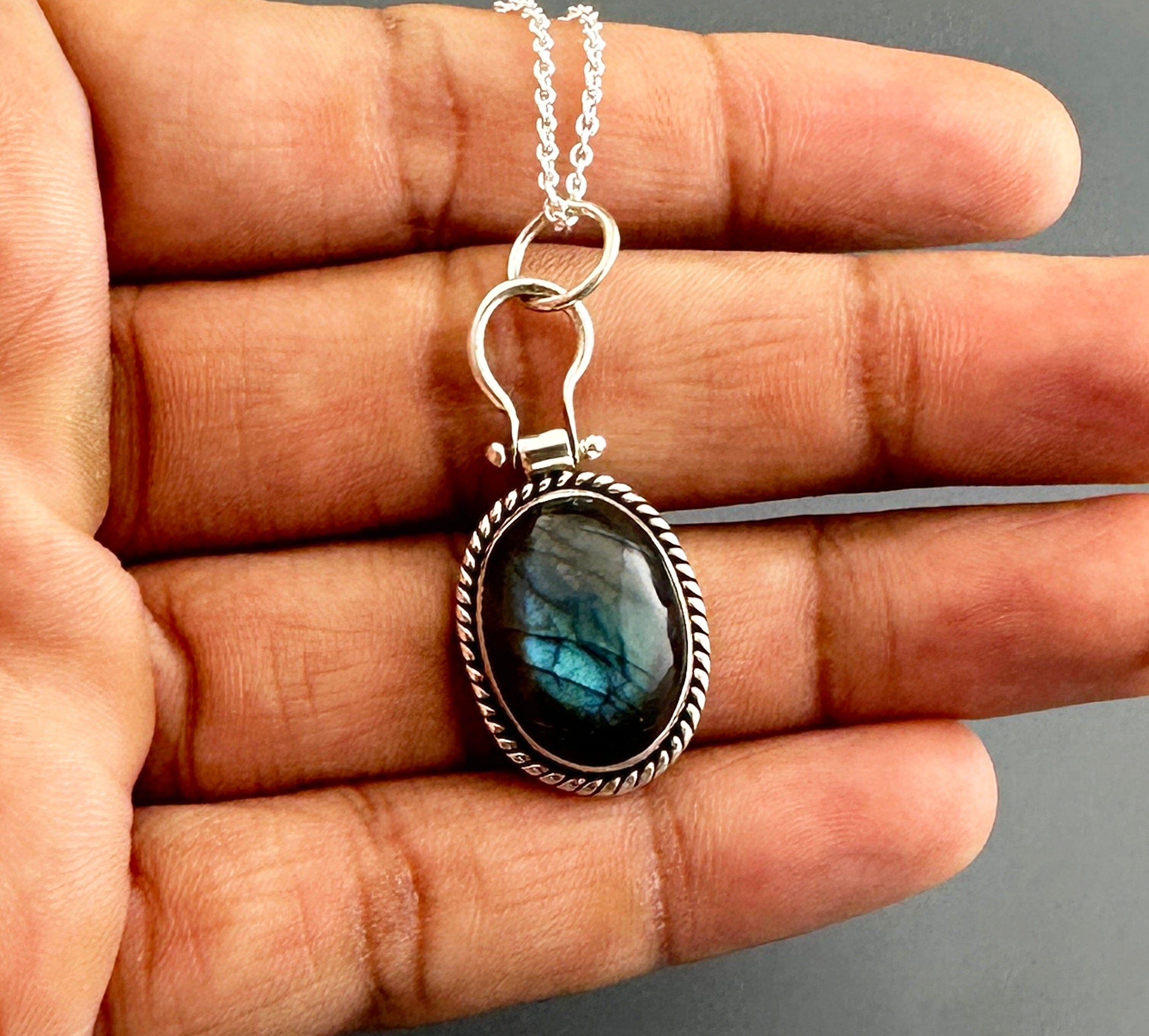 Flash Blue Labradorite Pendant: Oval Sterling Silver Necklace