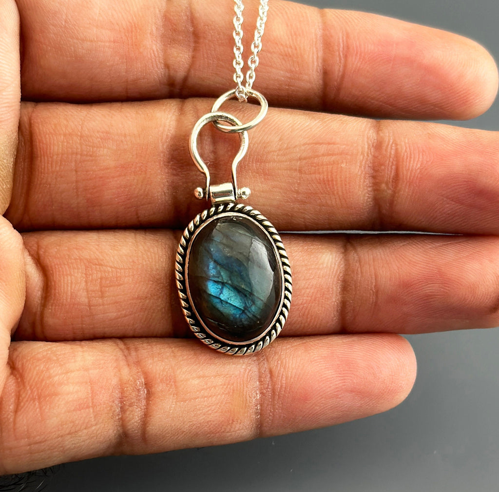 Dark Blue Labradorite Necklace, Gemstone Statement Necklace, Dainty Layering Necklace, Sterling Silver Large Gemstone Pendant, Gift for Mom
