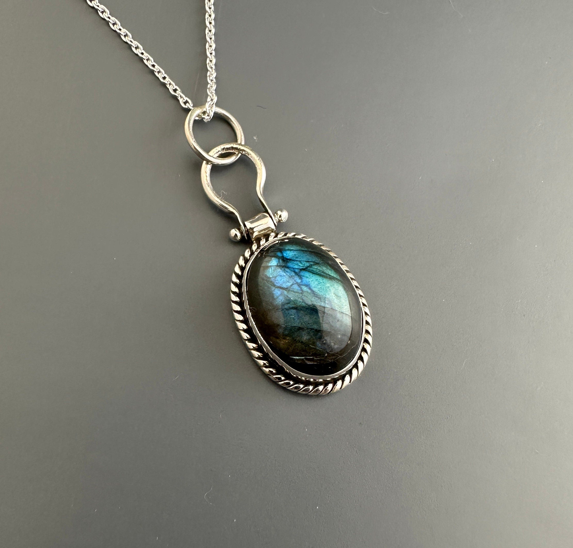 Dark Blue Labradorite Necklace, Gemstone Statement Necklace, Dainty Layering Necklace, Sterling Silver Large Gemstone Pendant, Gift for Mom