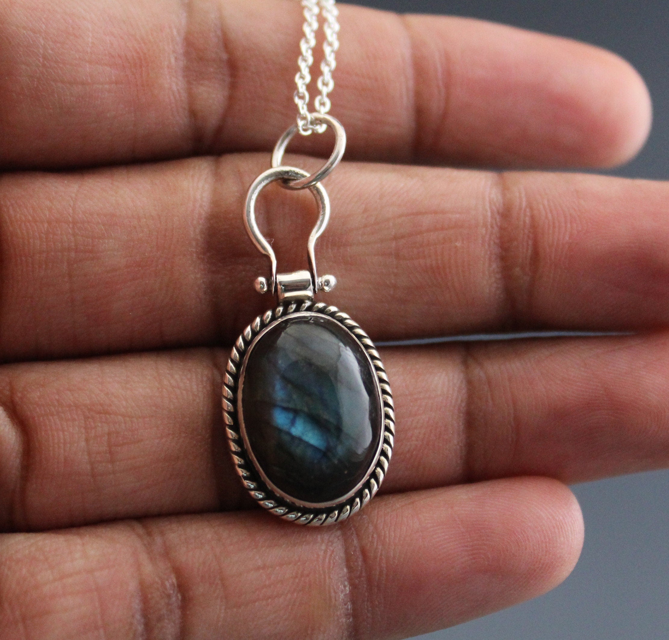 Flash Blue Labradorite Pendant: Oval Sterling Silver Necklace