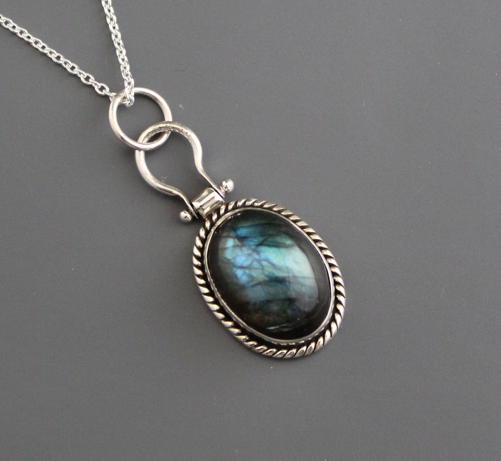 Dark Blue Labradorite Necklace, Gemstone Statement Necklace, Dainty Layering Necklace, Sterling Silver Large Gemstone Pendant, Gift for Mom