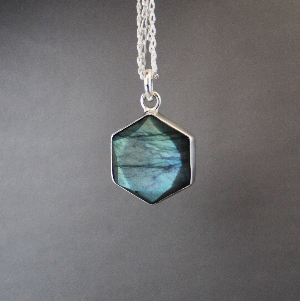 Labradorite Sterling Silver Necklace: Hexagon Gemstone Pendant