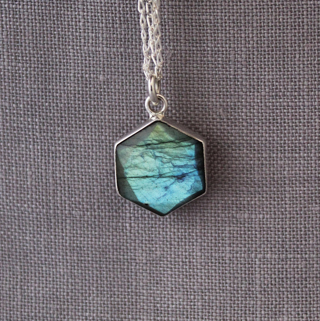 Labradorite Sterling Silver Necklace: Hexagon Gemstone Pendant