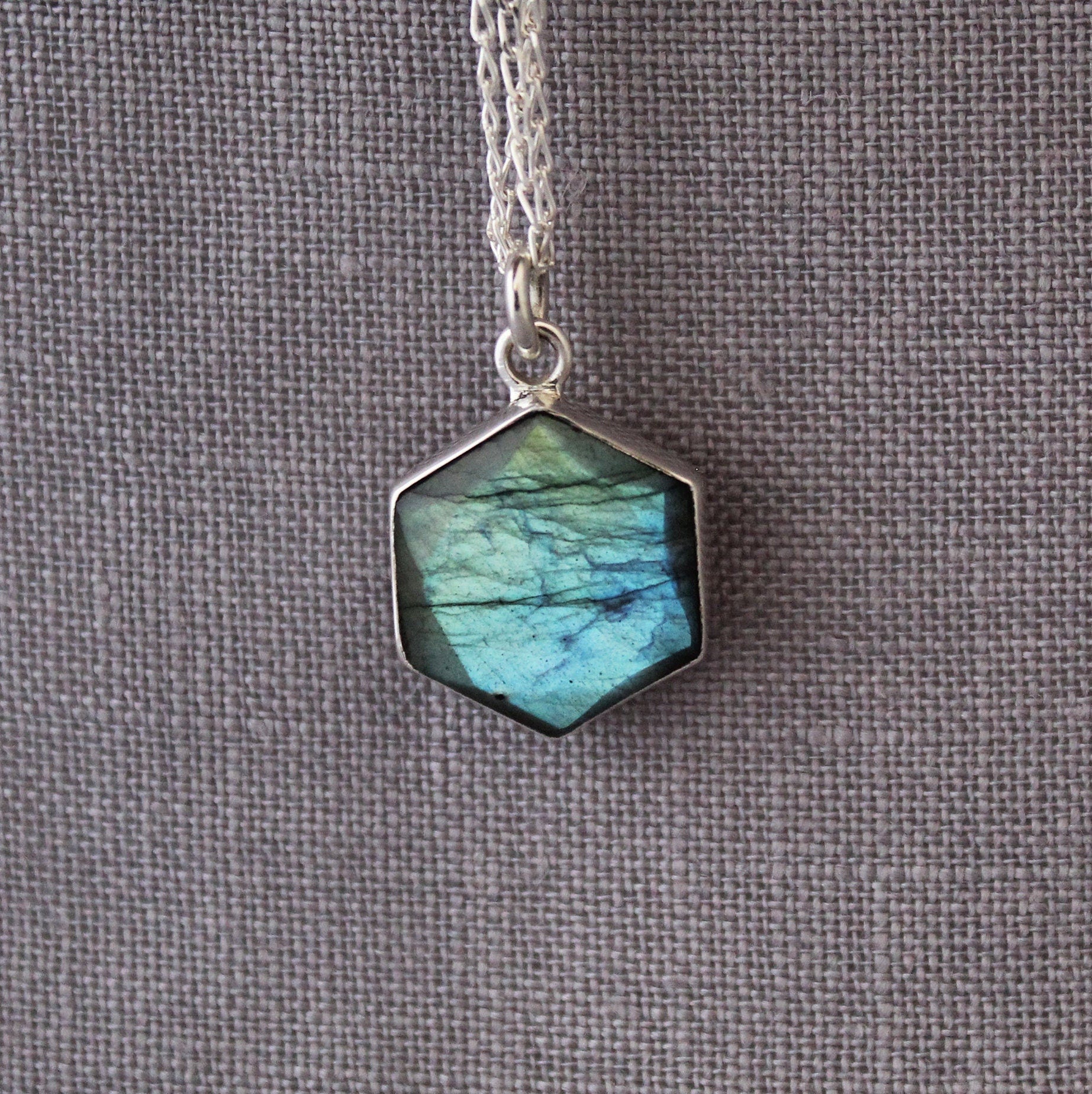 Labradorite Sterling Silver Necklace: Hexagon Gemstone Pendant
