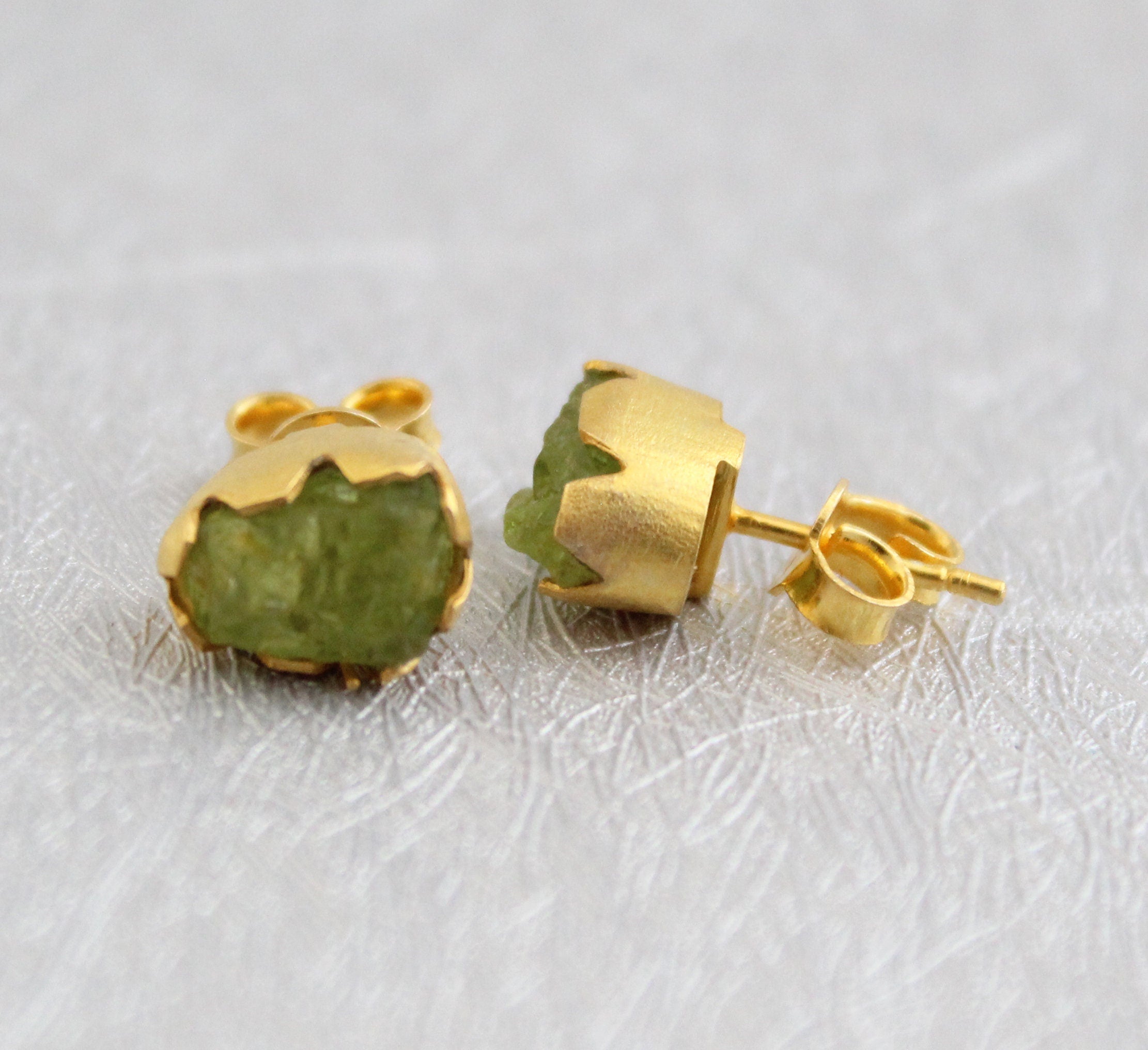 Raw Peridot Stud Earrings, Gold Plated Sterling Silver, August Birthstone, gemstone jewelry, natural gemstone, post earring, stud earrings