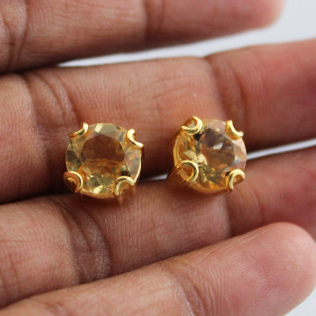 Handmade Citrine Stud Earrings, 18K Gold Sterling Silver Gemstone, Gemstone Stud Earrings , Birthstone Post Earrings