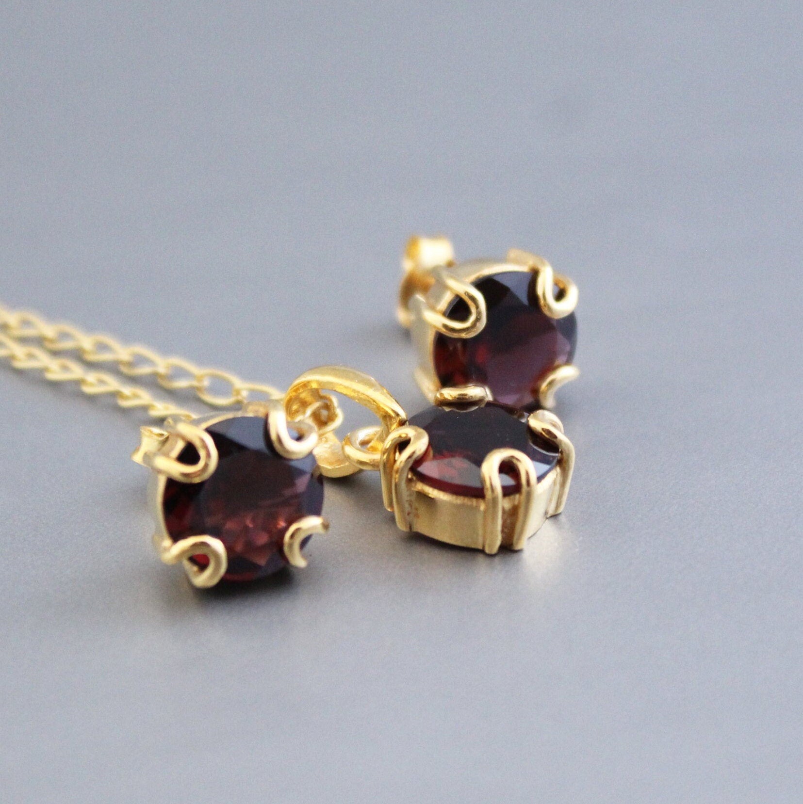 Garnet Necklace Earrings Set, Handmade 925 Sterling Silver, Wedding Jewelry Set, Sterling Silver Dainty Garnet Necklace, Minimalist Jewelry