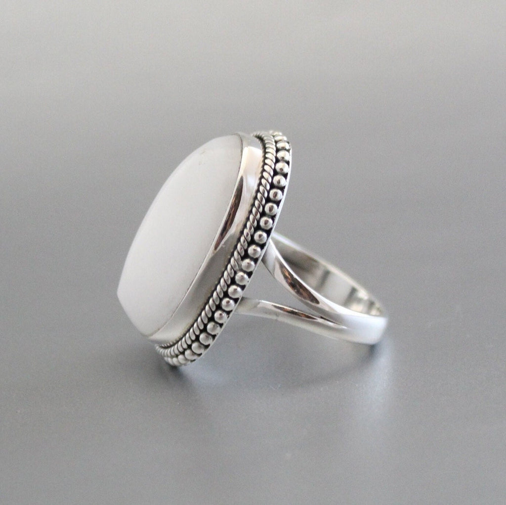 Handmade Sterling Silver White Agate Ring, Boho Gemstone Ring, Personalized Birthstone Jewelry, Birthday & Anniversary Gift for Her