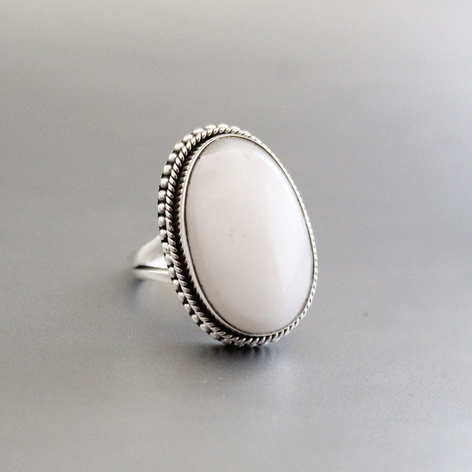 Handmade Sterling Silver White Agate Ring, Boho Gemstone Ring, Personalized Birthstone Jewelry, Birthday & Anniversary Gift for Her