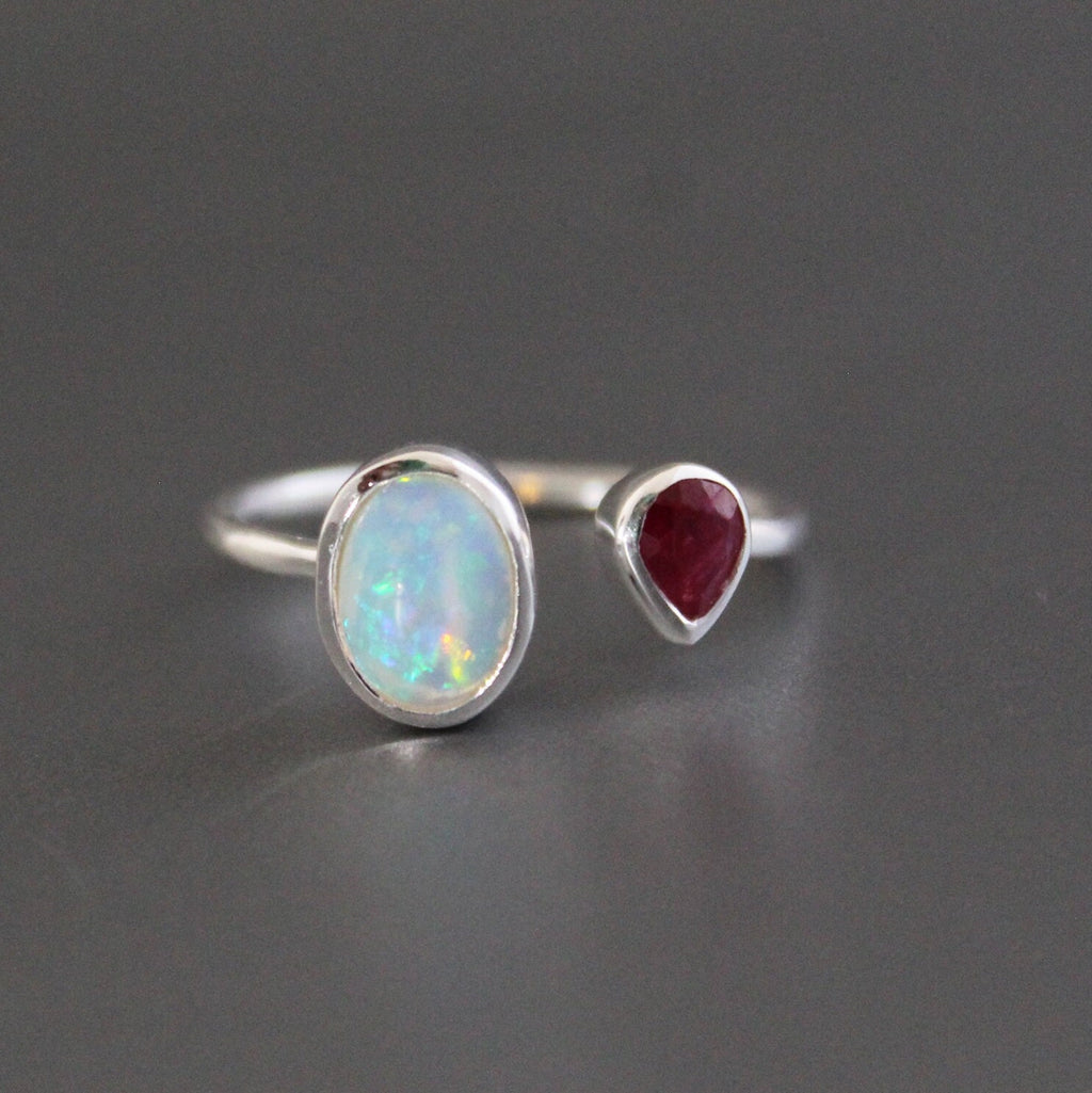 Handmade Sterling Silver Opal and Ruby Ring, Modern Birthstone Jewelry, Thin Silver ring, Minimalist ring, Opal Jewelry