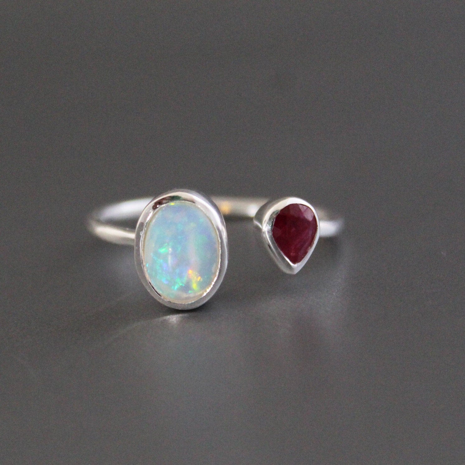 Handmade Sterling Silver Opal and Ruby Ring, Modern Birthstone Jewelry, Thin Silver ring, Minimalist ring, Opal Jewelry
