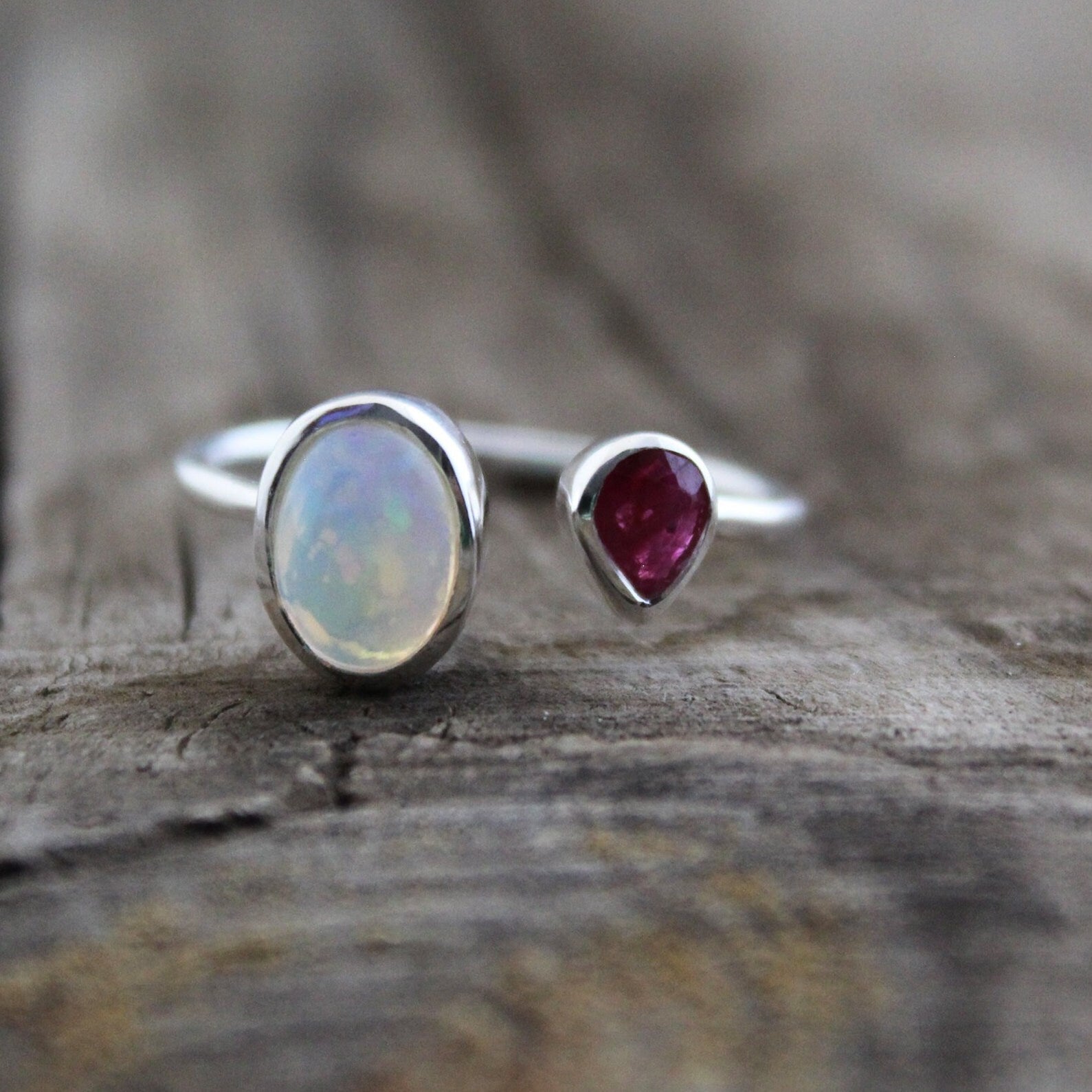 Handmade Sterling Silver Opal and Ruby Ring, Modern Birthstone Jewelry, Thin Silver ring, Minimalist ring, Opal Jewelry