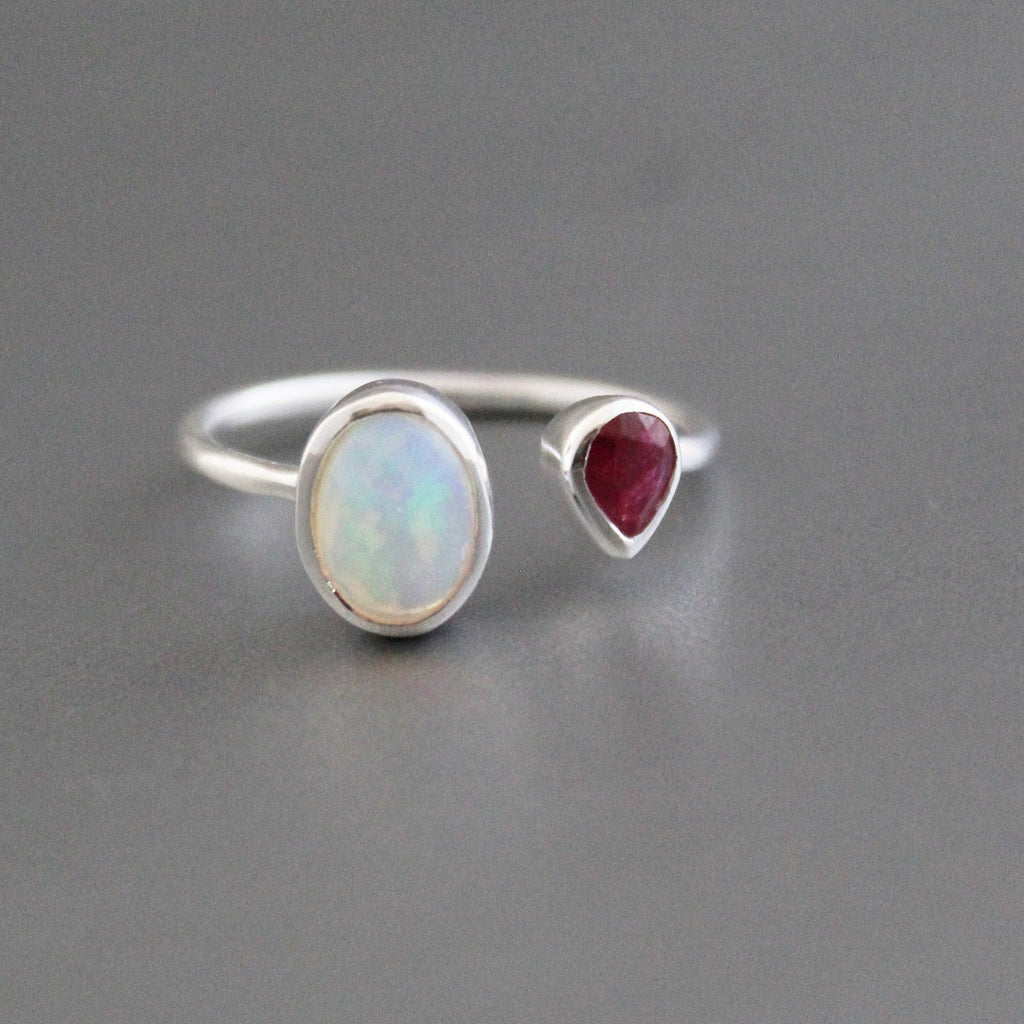 Handmade Sterling Silver Opal and Ruby Ring, Modern Birthstone Jewelry, Thin Silver ring, Minimalist ring, Opal Jewelry