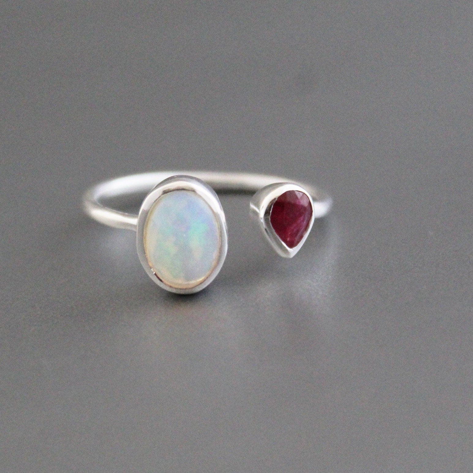 Handmade Sterling Silver Opal and Ruby Ring, Modern Birthstone Jewelry, Thin Silver ring, Minimalist ring, Opal Jewelry