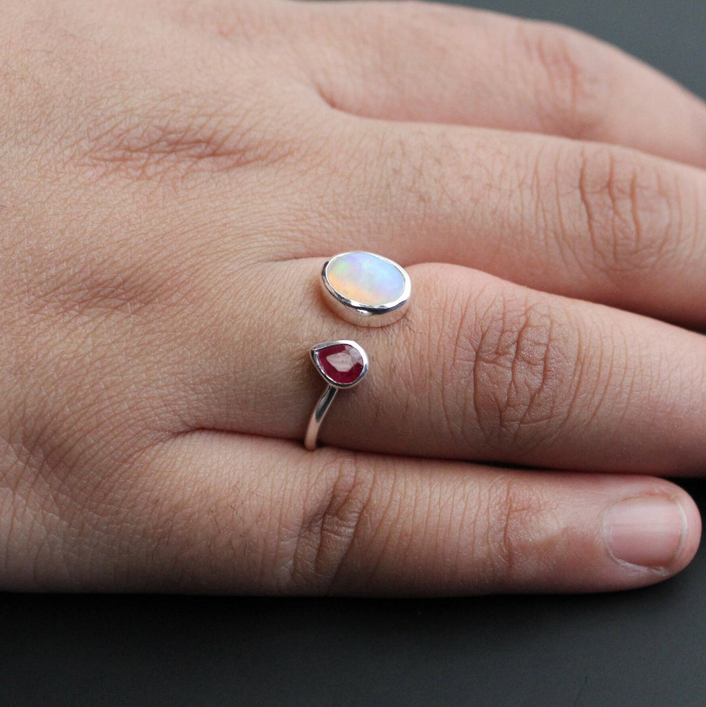 Handmade Sterling Silver Opal and Ruby Ring, Modern Birthstone Jewelry, Thin Silver ring, Minimalist ring, Opal Jewelry