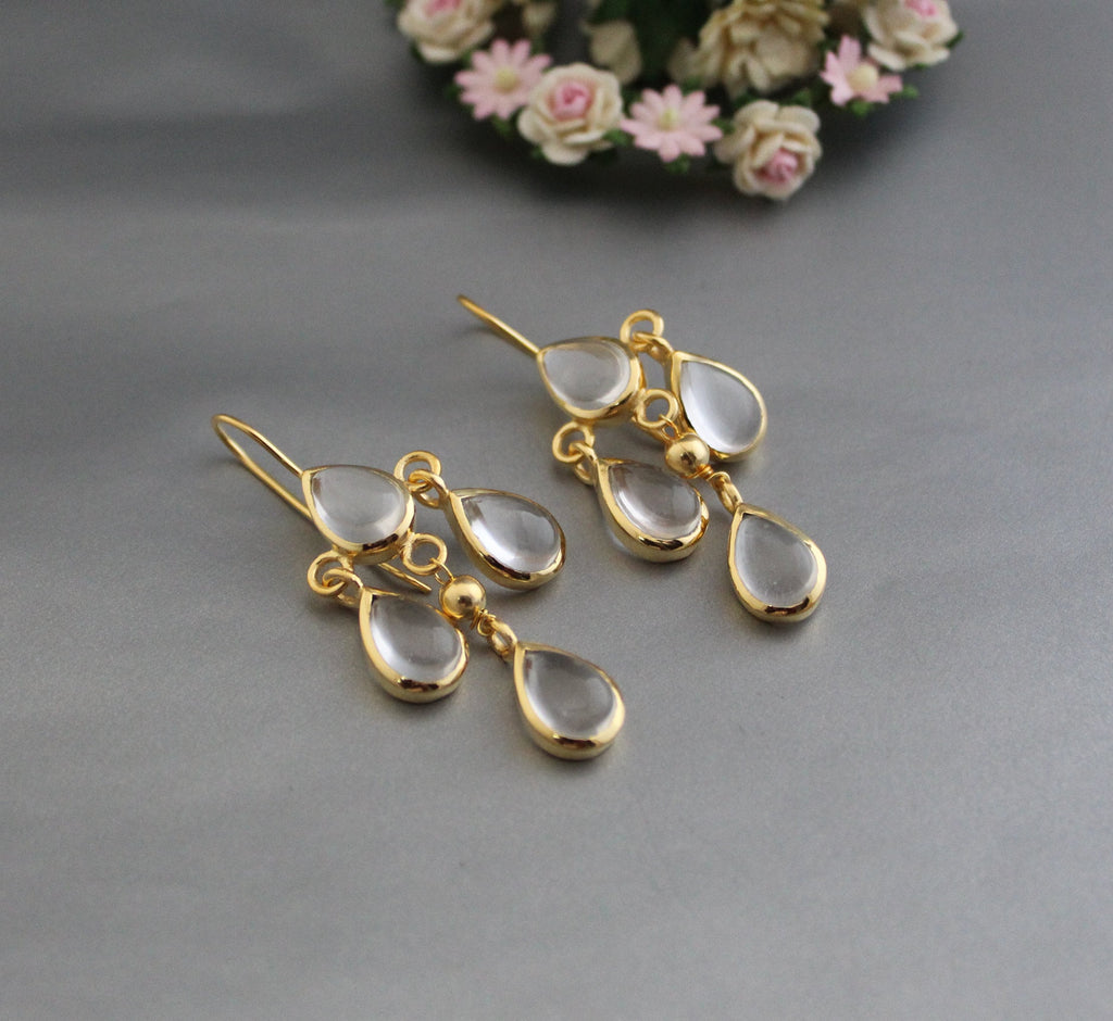 18K Gold Clear Quartz Earrings, Long Dangle, April Birthstone, Clear Rock Crystal Drop Earrings in Gold or Silver, Delicate Gift for her