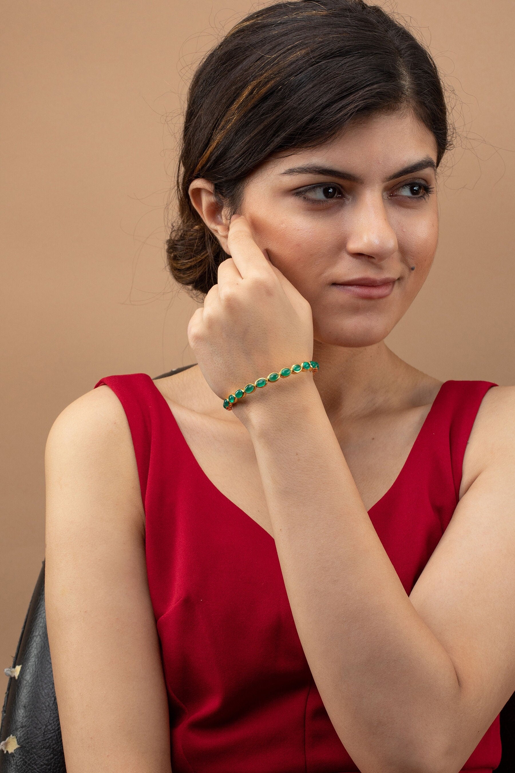 Handmade Green Onyx Bangle: 18K Gold Plated Birthstone Bracelet