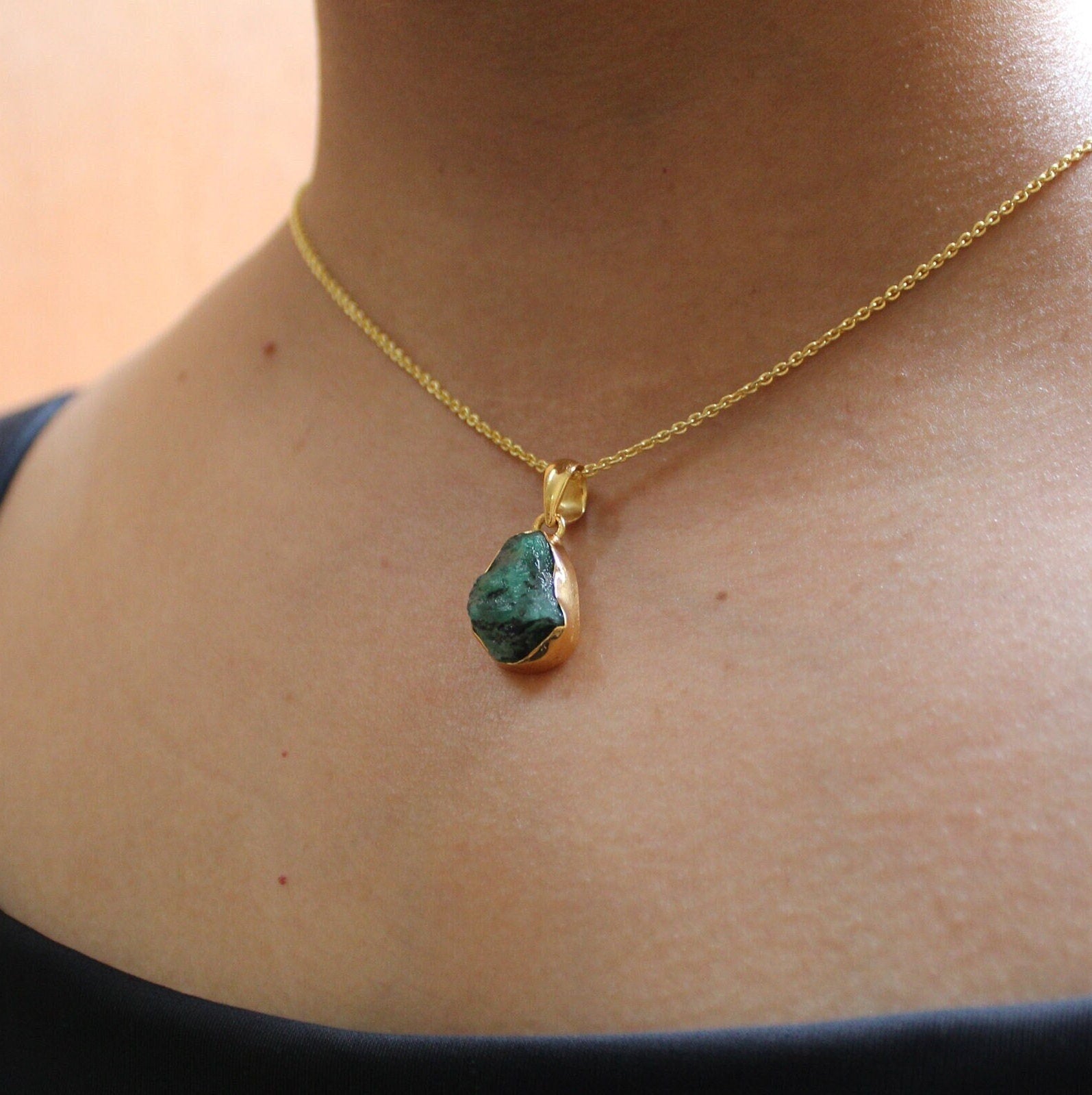Raw Emerald Necklace: Handmade 18K Gold May Birthstone Pendant
