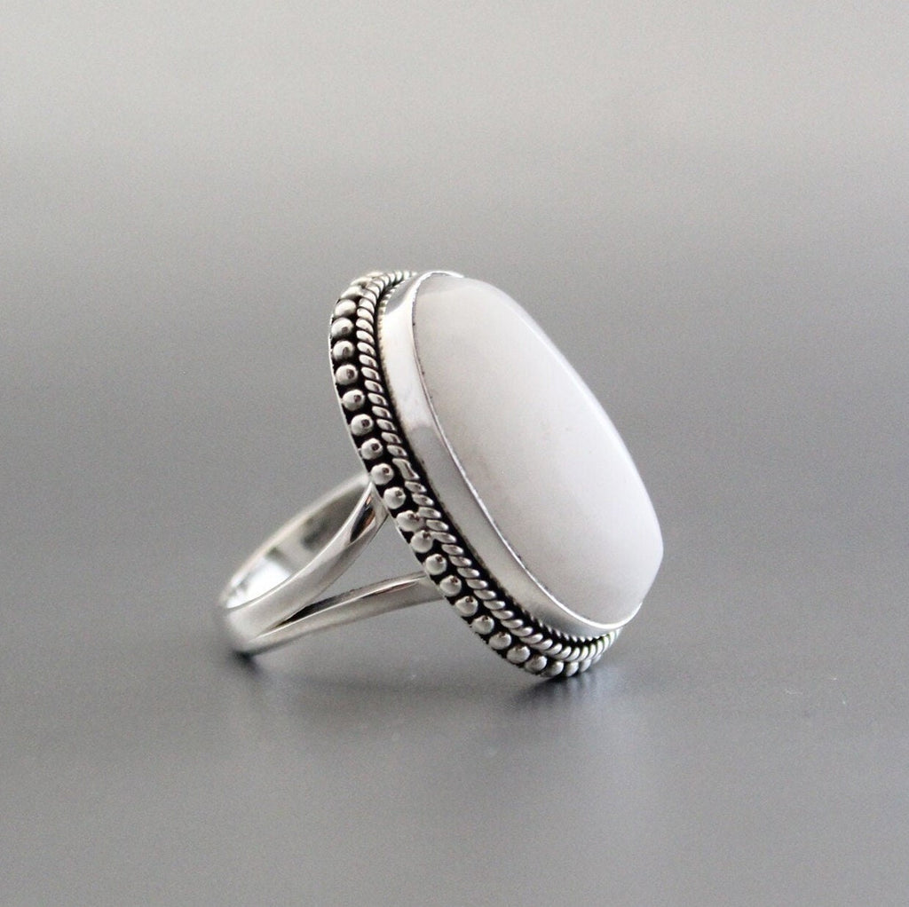 Handmade Sterling Silver White Agate Ring, Boho Gemstone Ring, Personalized Birthstone Jewelry, Birthday & Anniversary Gift for Her