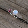 Handmade Sterling Silver Opal and Ruby Ring, Modern Birthstone Jewelry, Thin Silver ring, Minimalist ring, Opal Jewelry