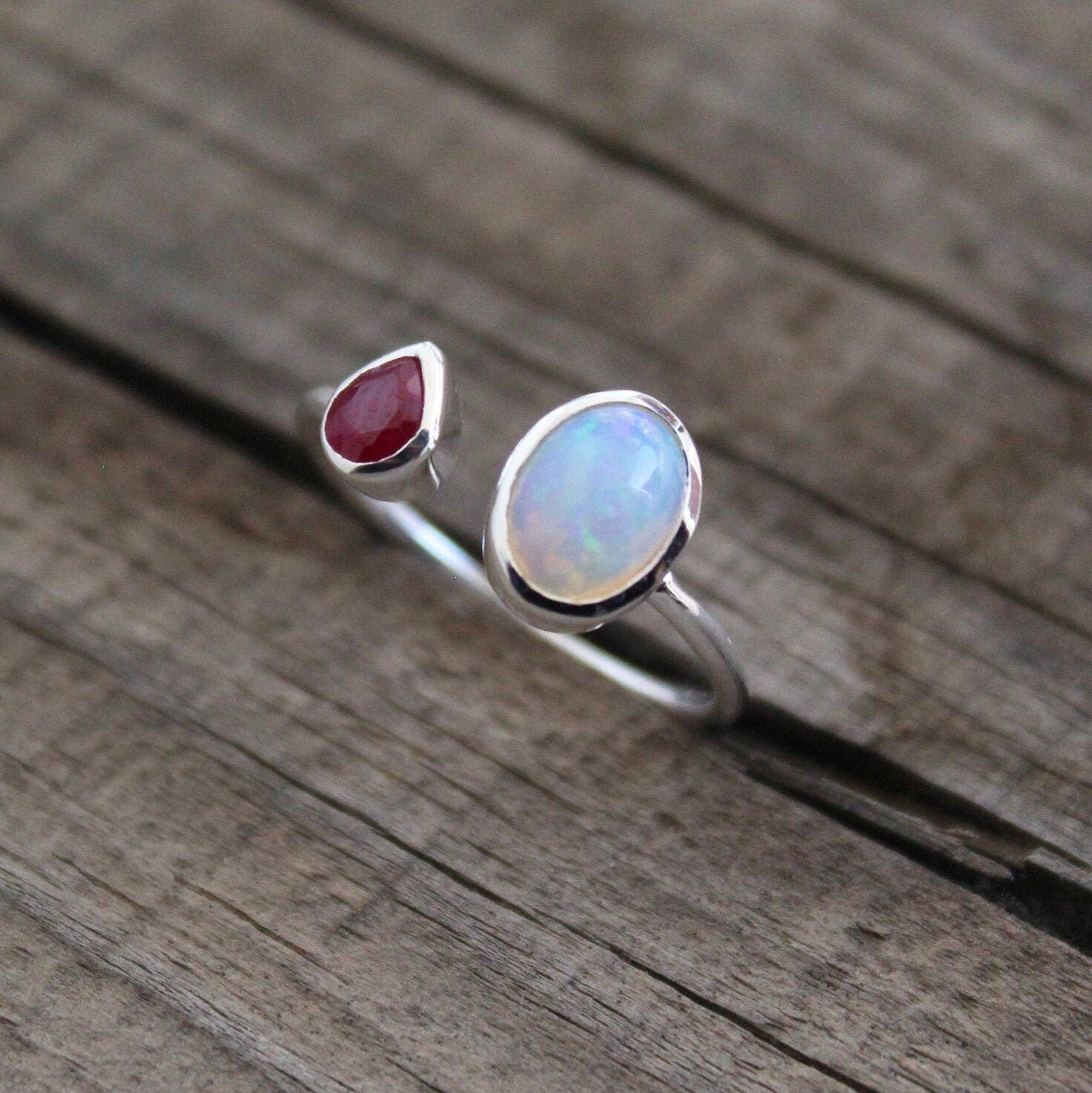 Handmade Sterling Silver Opal and Ruby Ring, Modern Birthstone Jewelry, Thin Silver ring, Minimalist ring, Opal Jewelry
