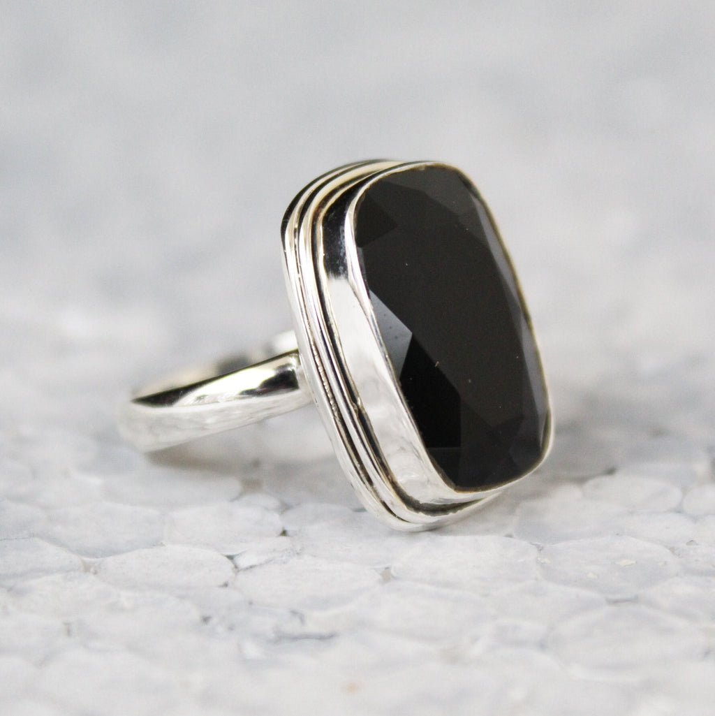 Black Onyx Sterling Silver Ring: Large Rectangle Birthstone Jewelry