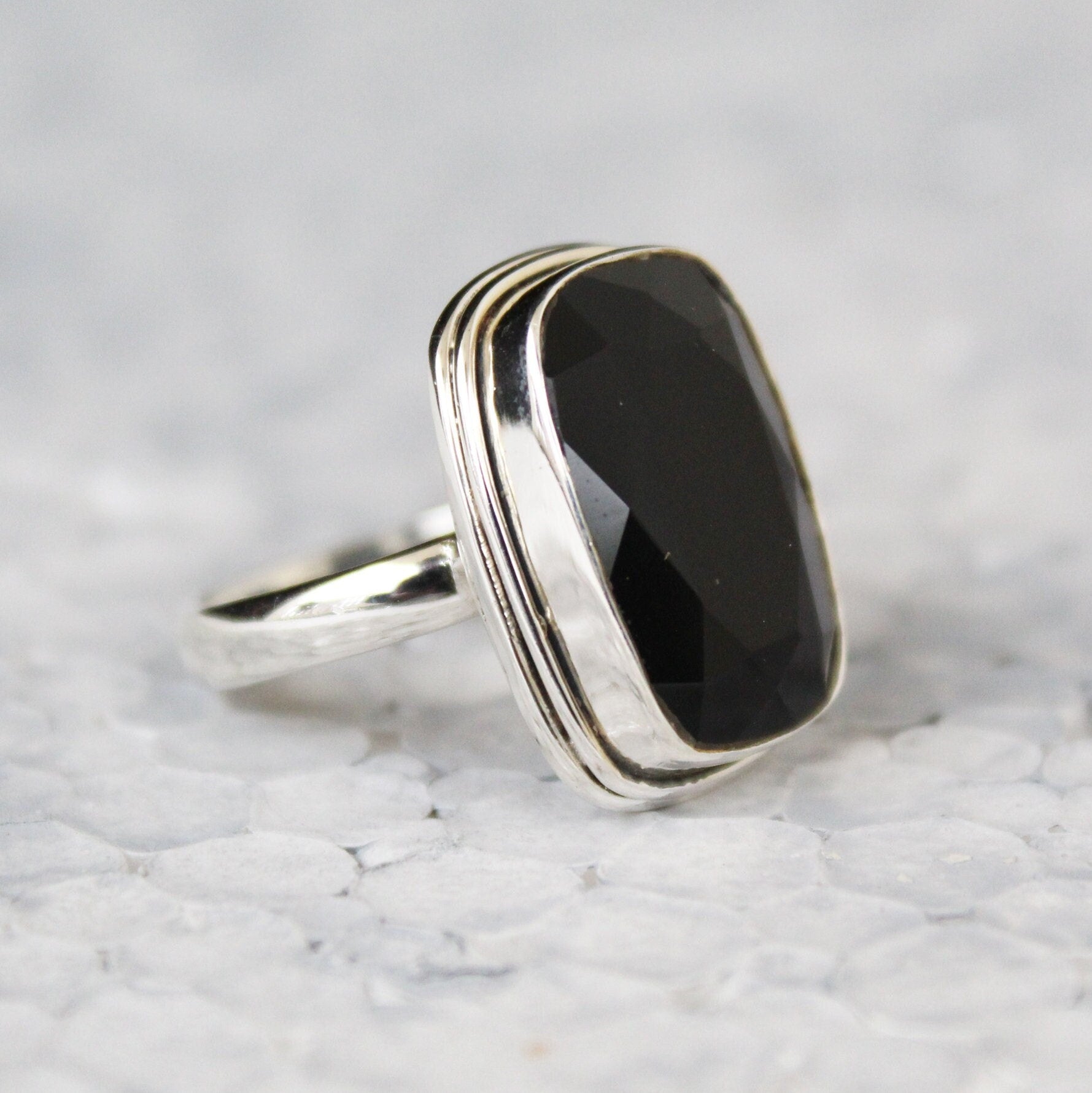 Black Onyx Sterling Silver Ring: Large Rectangle Birthstone Jewelry