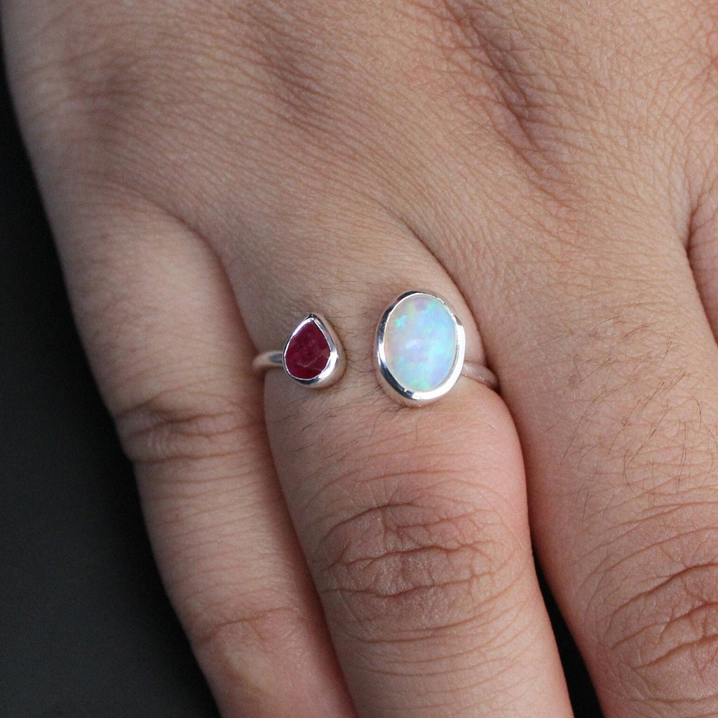 Handmade Sterling Silver Opal and Ruby Ring, Modern Birthstone Jewelry, Thin Silver ring, Minimalist ring, Opal Jewelry
