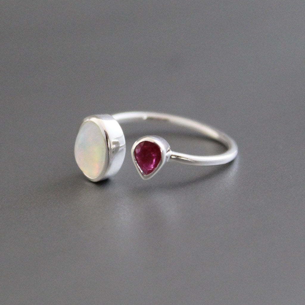 Handmade Sterling Silver Opal and Ruby Ring, Modern Birthstone Jewelry, Thin Silver ring, Minimalist ring, Opal Jewelry