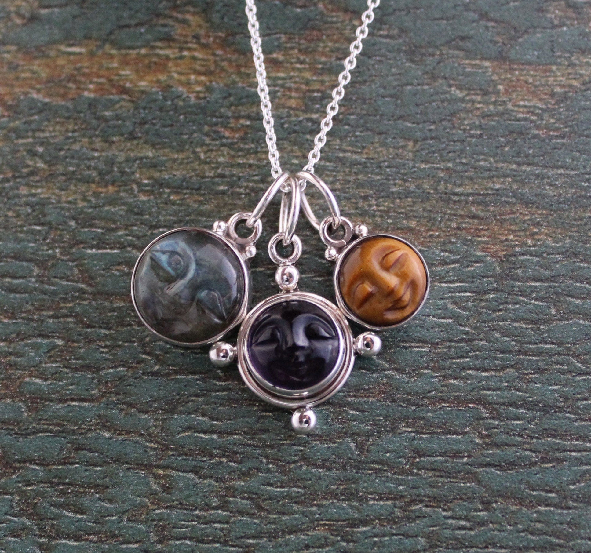 Sterling Silver Gemstone Necklace, Labradorite, Amethyst, Tigers Eye, Multicolor necklaces, layering necklace