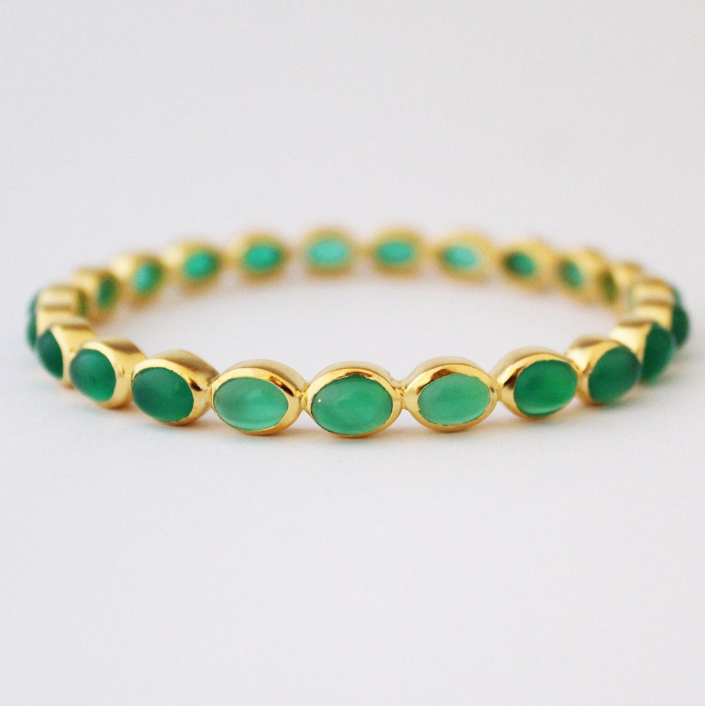 Handmade Green Onyx Bangle: 18K Gold Plated Birthstone Bracelet