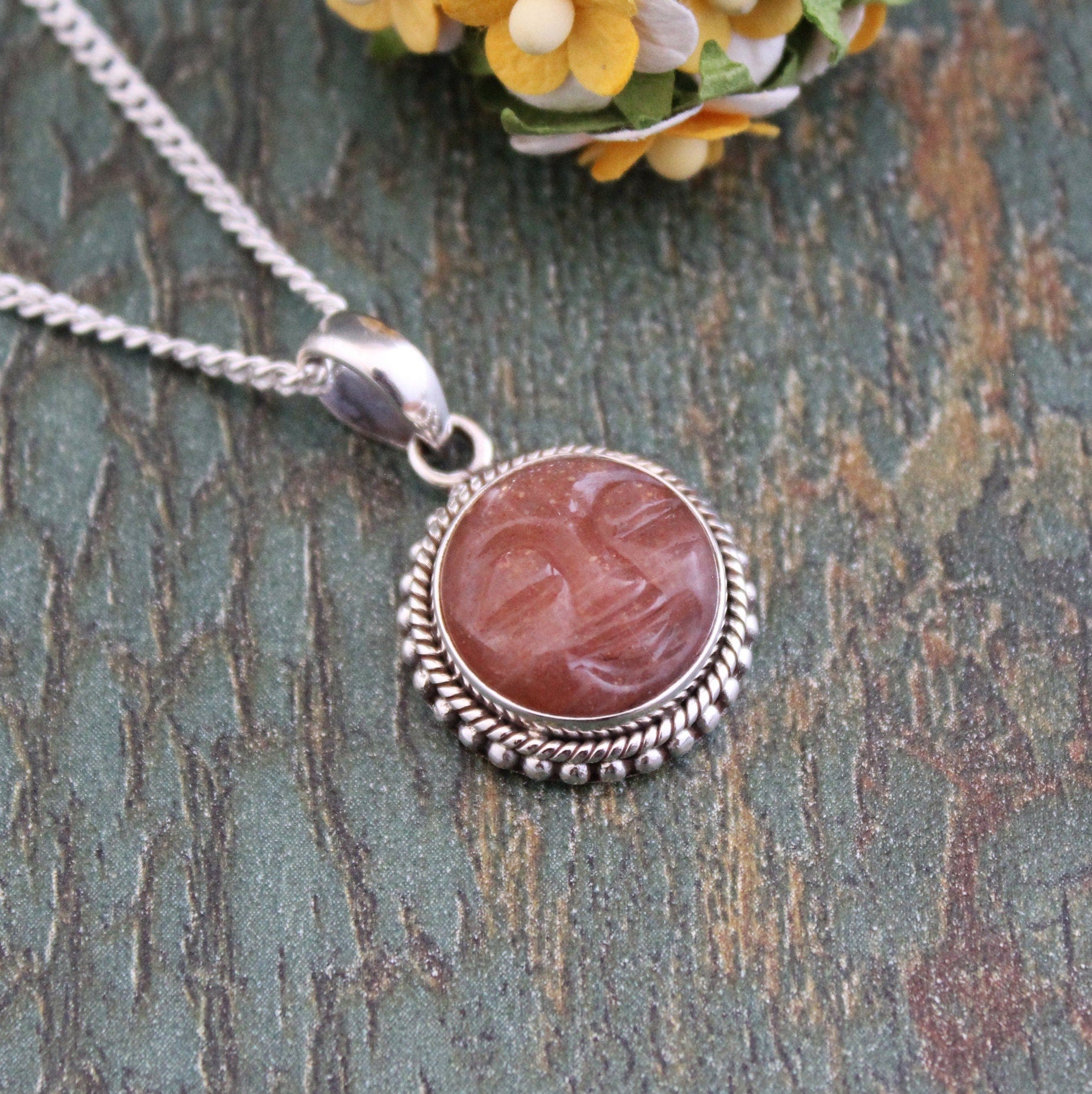 Sandstone Necklace, Moon Gemstone Necklace, Sterling Silver, Celestial Jewelry, Valentine Gift