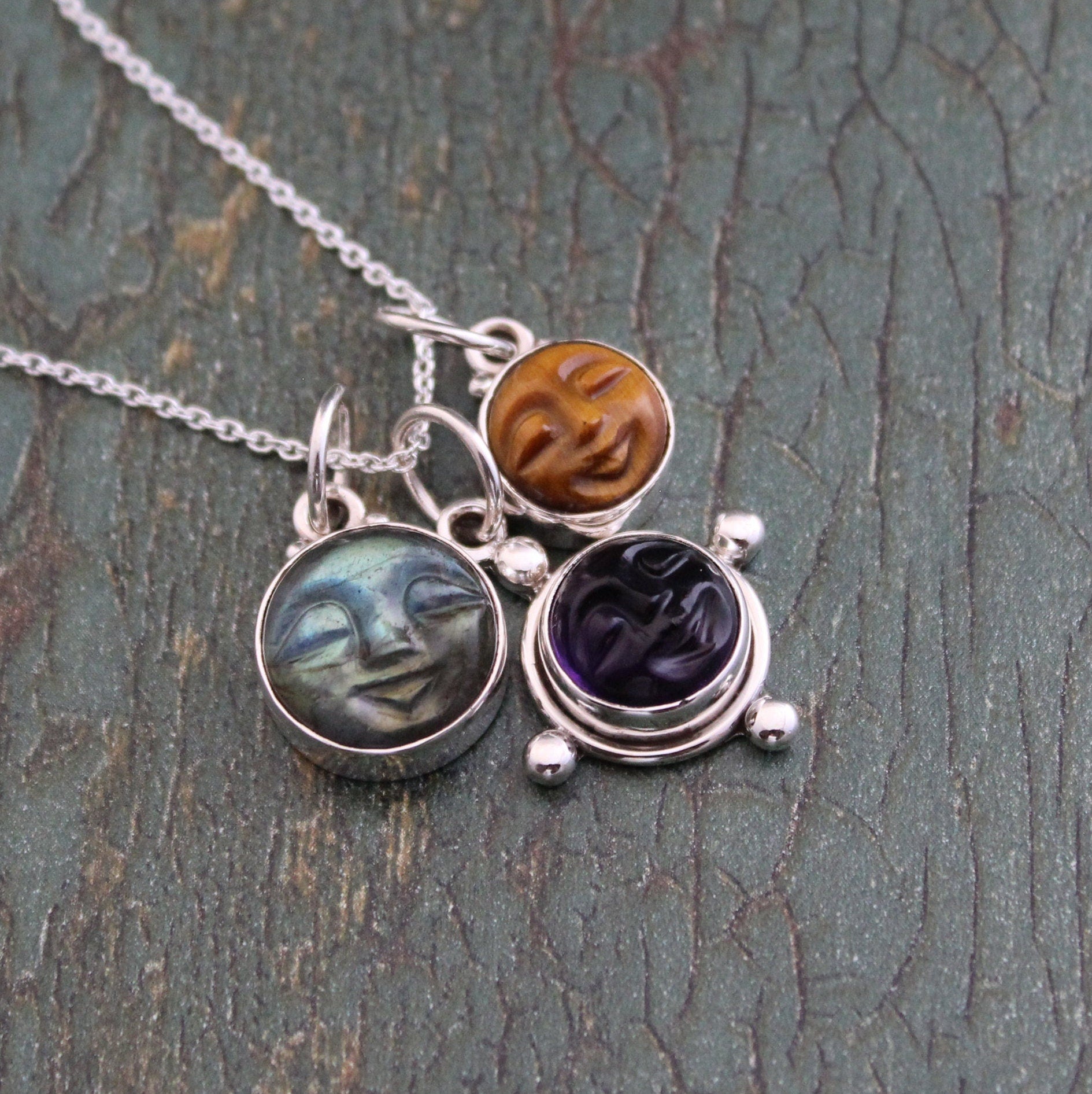 Sterling Silver Gemstone Necklace, Labradorite, Amethyst, Tigers Eye, Multicolor necklaces, layering necklace